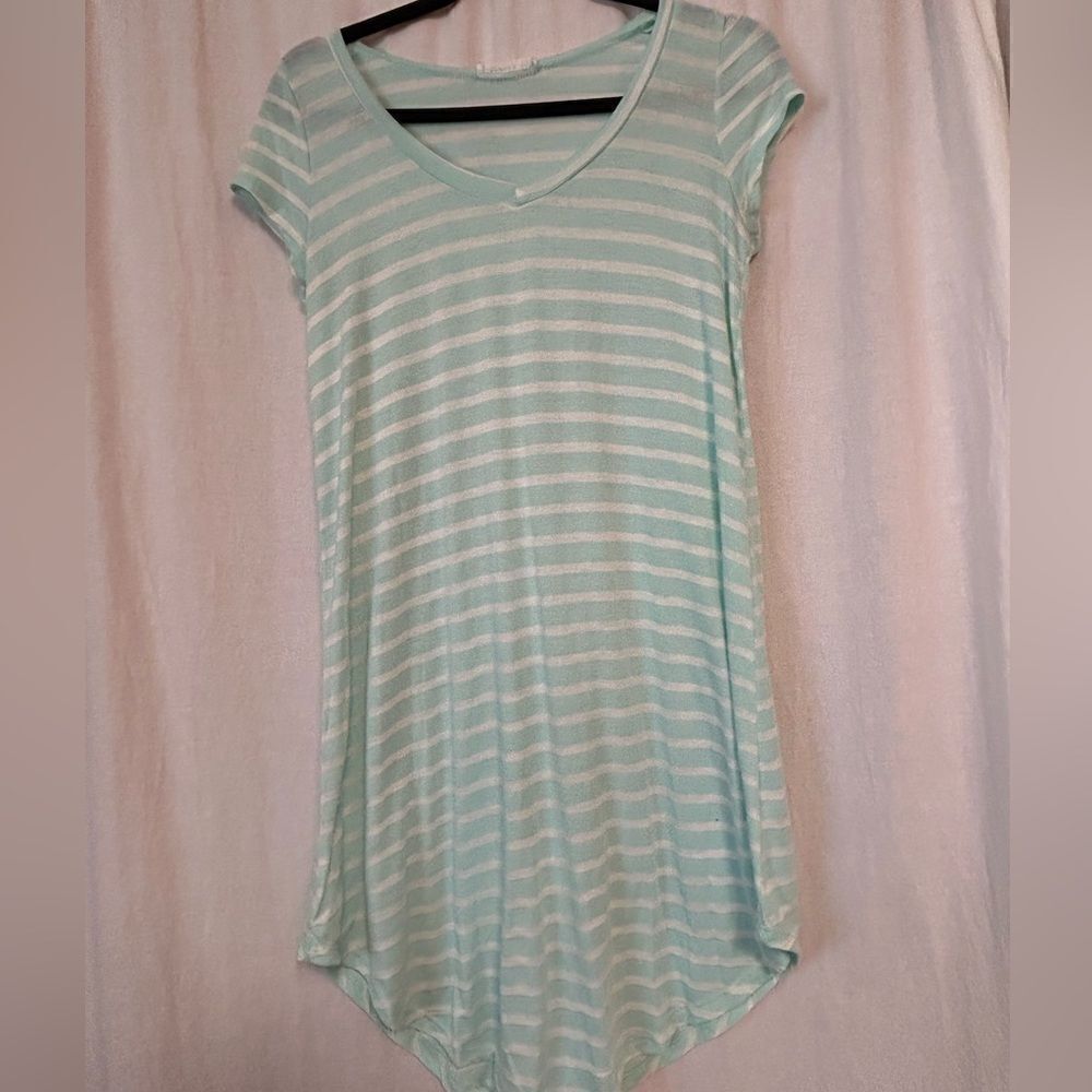 Reborn J Small teal white striped short sleeve shirt soft v neck longer length